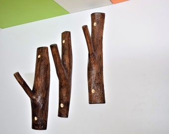 3 ganchos grandes para ramas de árbol, madera maciza natural, juego de 3 ganchos de pared de madera, tinte de madera caoba oscuro, perchas rústicas de cabaña, ganchos de pared