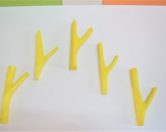 5x yellow creative tree branch hooks, set of 5 kids wall hooks, solid wood wall hooks, kindergarten coat hangers, modern wall hooks