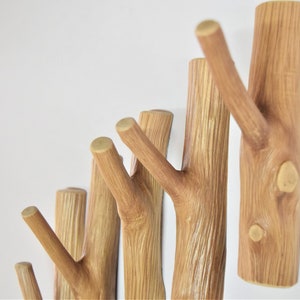 May include: A set of wooden wall hooks shaped like tree branches. The hooks are arranged in a staggered pattern, with the largest hook at the top and the smallest hook at the bottom. The hooks are a light brown color and have a natural wood grain.