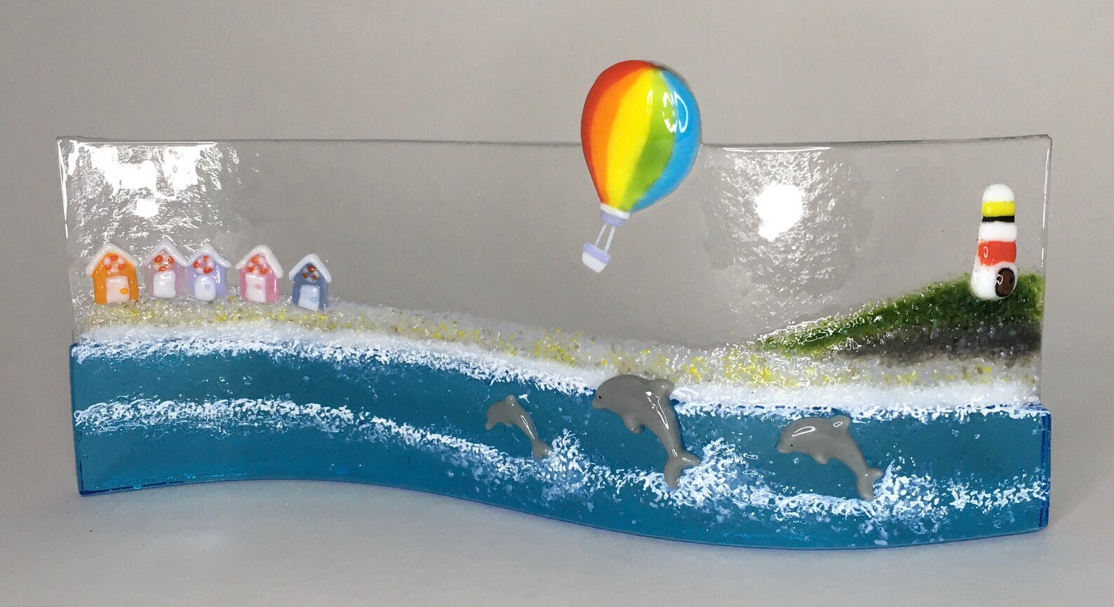 Fused Glass Beach Hut Seascape With Hot Air Balloons Etsy
