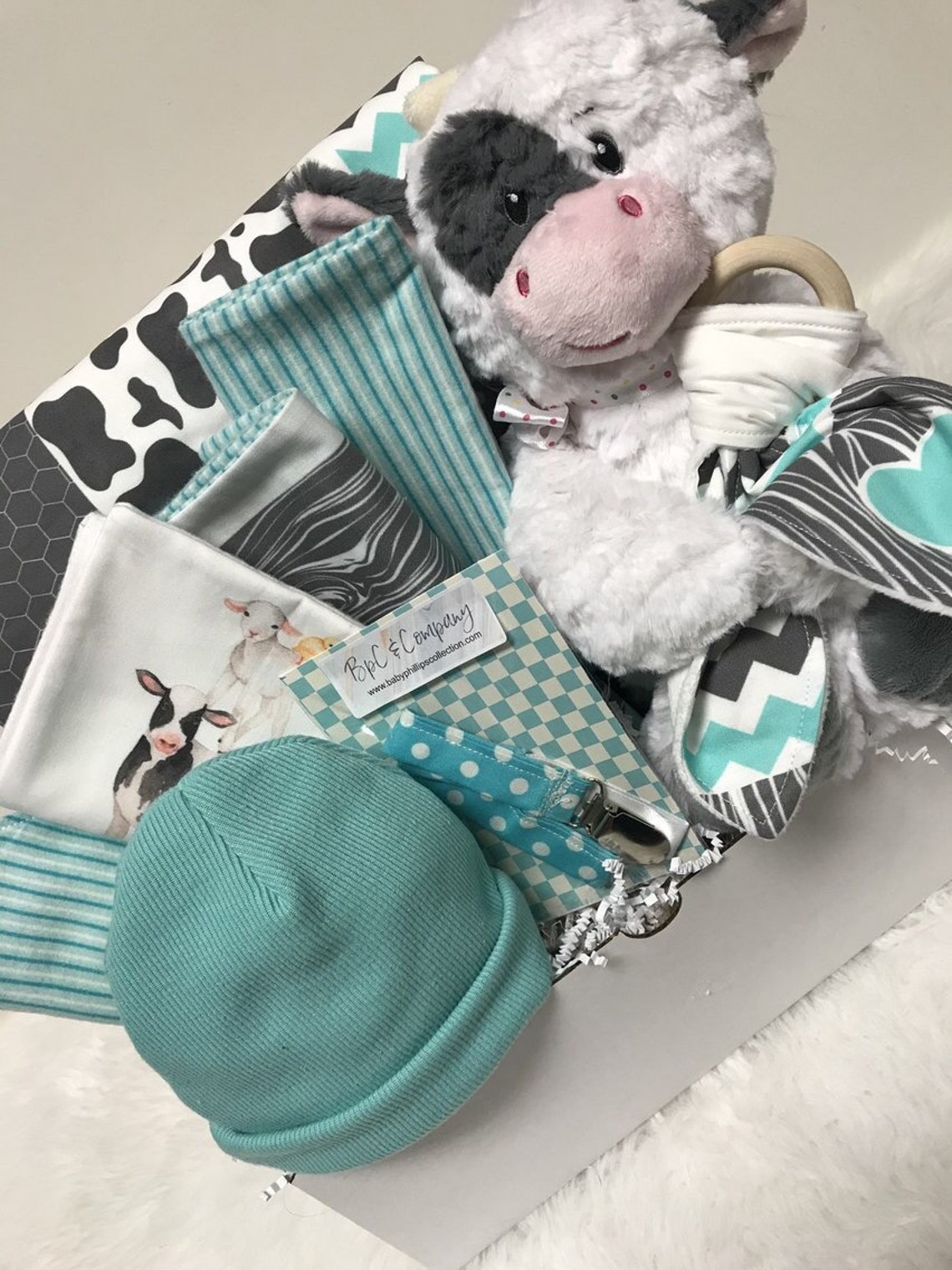 Baby gift basket cuddly cow baby gift set neutral farm theme Etsy