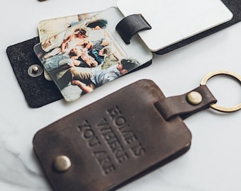 Personalised Photo Keyring in Leather Case, Gift for New Dad, Mother's Day Gift for Mum, Natural Leather, Handmade Keychain Gift, UA Made