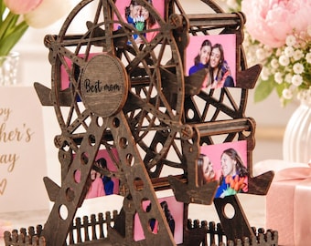 Personalized Wooden Ferris Wheel Photo Display, Heartfelt Mothers Day Gift for Mom, Handmade Family Memory Holder with Custom Pictures