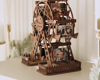 Personalized Wooden Photo Ferris Wheel, Christmas Gift for Family, Custom Holiday Picture Display for Parents, Grandparents and Kids