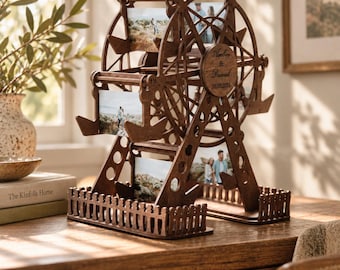 Wooden Carousel Photo Holder with Custom Engraving, Family Picture Display, Wedding, Birthday or Housewarming Gift for Loved Ones