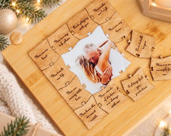 Custom 40 Reasons Why I Love You Wooden Photo Puzzle, Christmas Gift for Dad, Daughter or Son, Birthday Anniversary Family Keepsake
