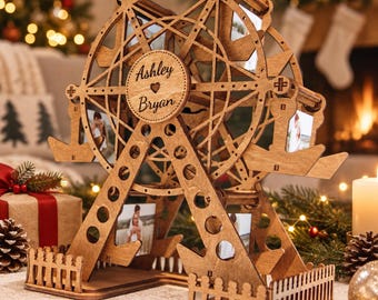Wooden Ferris Wheel Picture Holder, Charming Christmas Gift for Newlyweds or Parents, Personalized Family Photo Display and Home Decor