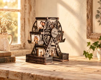 Personalized Wooden Ferris Wheel Photo Display, Romantic Anniversary Gift for Couples, Custom Love Keepsake