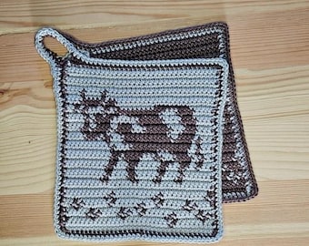 Patrón de ganchillo para agarradera/salvamanteles "Vaca en el prado"