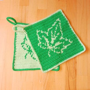 May include: Two green crocheted pot holders with a white butterfly design. The pot holders have a loop for hanging.