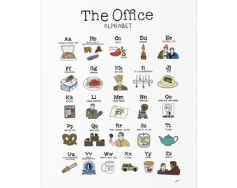 May include: A colorful alphabet poster featuring characters and objects from the popular TV show "The Office". Each letter is paired with a corresponding image, such as a pizza for "A", beets for "B", and a Dundie award for "D".