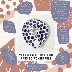 May include: A white and blue g-tube feeding pad with a polka dot pattern. The pad has a snap closure and is made from soft, natural fabric. The text "WHAT MAKES OUR G-TUBE PADS SO WONDERFUL?" is written in black text on a pink background. The text "Machine washable and dryable" is written in black text on a pink background.