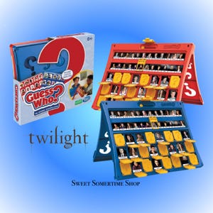 May include: A "Guess Who?" board game featuring characters from the Twilight series. The game includes a red and blue game board with character portraits and yellow question mark tiles. The box is blue with the game title and a large red question mark.