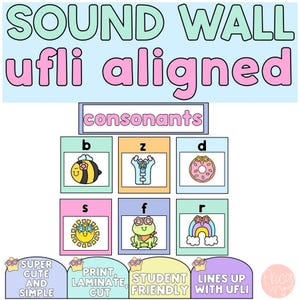 May include: A Sound Wall UFLI aligned educational chart featuring the text 'consonants' above a grid of six colorful squares. Each square displays a letter and a corresponding illustration: a bee for b, a zipper for z, a donut for d, a sun for s, a frog for f, and a rainbow for r.