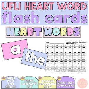 Könnte beinhalten: UFLI HEART WORD Lernkarten-Set mit pastellfarbenen Textüberschriften, zwei rechteckigen Beispielkarten mit den Wörtern a und the sowie einem schwarz-weißen Raster-Arbeitsblatt zur Verfolgung des Lesefortschritts mit dem Text I CAN READ MY HEART WORDS.