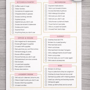May include: A declutter checklist, printable as a PDF download, with sections for Kitchen & Pantry, Bathroom, Closet, Office & House, Laundry Room, and Kids. The design is pink and white.