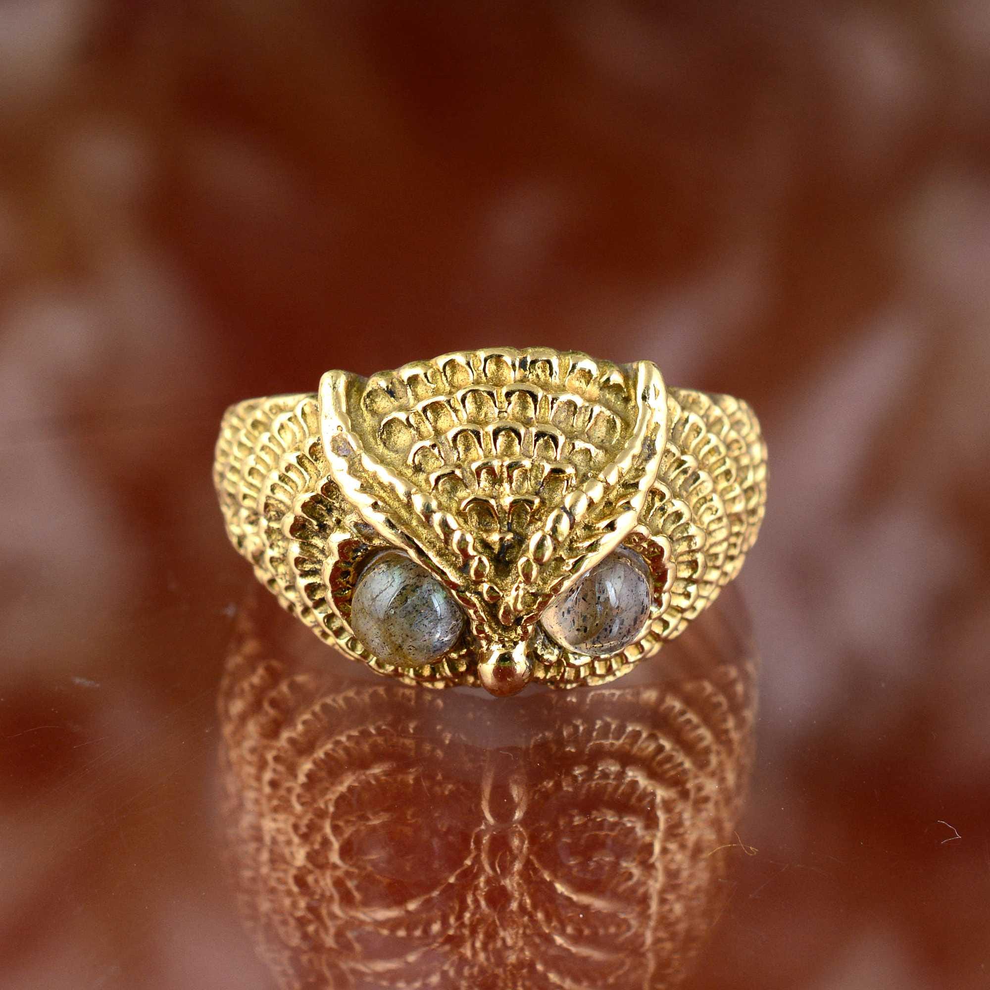 Gold Owl Ring with Labradorite Eyes | Statement Brass Owl Jewelry | Handmade Animal Totem Ring | Boh