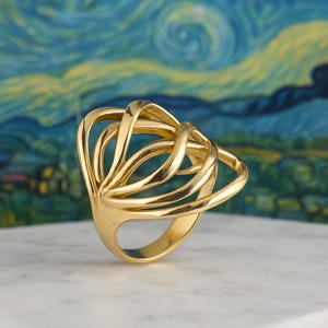 Gold Tone Statement Ring for Women, Openwork Cocktail Ring, Adjustable Fashion Ring, Bold Geometric Jewelry, Elegant Gift for Her,GIFT MOM