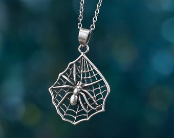 Spider Web Pendant Necklace in Silver Tone, Gothic Halloween Jewelry, Creepy Cute Arachnid Necklace, Unique Gift for Her or Him,Witchy Style