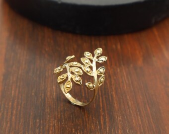 Adjustable brass leaf ring for women, gold tone botanical jewelry, nature inspired handmade ring, boho style leafy statement ring