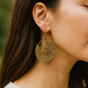 Boho Mandala Hoop Earrings, Tribal Brass Statement Earrings, Ethnic Geometric Dangle Earrings, Festival Jewelry, Gift for Her, Handmade Gift