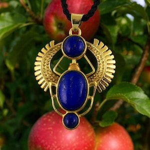 Egyptian Scarab Beetle Pendant with Blue Lapis Stone, Gold Plated Amulet Necklace, Protection Jewelry, Spiritual Gift for Him or Her