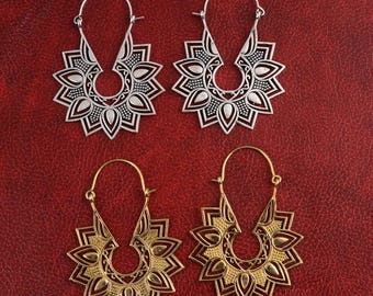 Mandala Hoop Ohrringe für Frauen, Boho Statement Tribal Schmuck, Antik Gold & Silber Ton Festival Ohrringe, spirituelles Geschenk handgefertigt