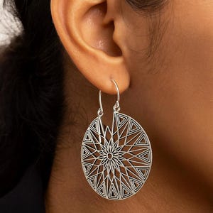 Sterling Silver Mandala Earrings, Boho Tribal Statement Jewelry, Geometric Dangle Earrings for Women, Ethnic Festival Gift Handmade Jewelry