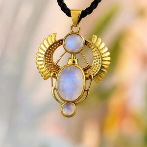 Egyptian Scarab Pendant Necklace with Rainbow Moonstone, Gold Plated Amulet Jewelry, Spiritual Protection Gift, Boho Healing Necklace