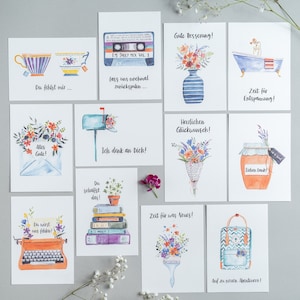 Jeu complet « 12 cartes pour la vie » | Cartes postales Aquarelle | fleurs | Félicitations | anniversaire | examen | Guérissez bientôt | Emploi | Adieu | Amour