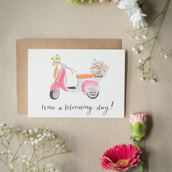 Glückwunschkarte "Have a blooming day!" Vespa | DIN A6 | 300g | Klappkarte inkl. Umschlag | Geburtstag | Hochzeit | Blumen