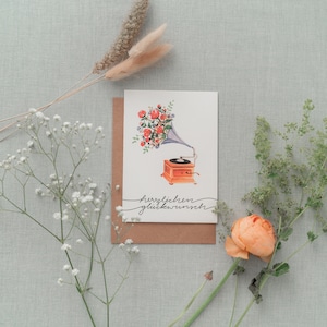 Carte de félicitations "Gramophone - Félicitations !" DIN A6 | 300g | Carte pliante avec enveloppe | Document environnemental | Aquarelle | Anniversaire