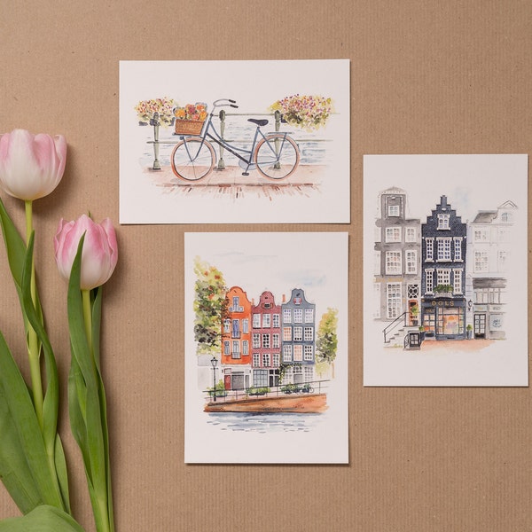 Postkarten-Set „Amsterdam“ | Aquarell-Karten | Watercolor | Travel | Niederlande | Geburtstag | Blumen | Fahrrad | Geschenk