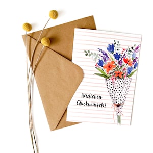 Große Glückwunschkarte "Herzlichen Glückwunsch!" DIN A5 | 300g | Klappkarte inkl. Umschlag | Aquarell | Geburtstag | Blumenstrauß  | XL