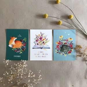 Ensemble de cartes postales « Hygge » | Aquarelle | Automne |  Aquarelle | Nature | fleurs | anniversaire | Amis | Amateurs de livres | renard