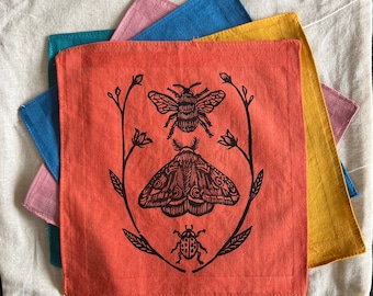 Pocket size small handkerchief set cotton lino print wildlife insect bee moth butterfly ladybird print hankie eco friendly wedding square