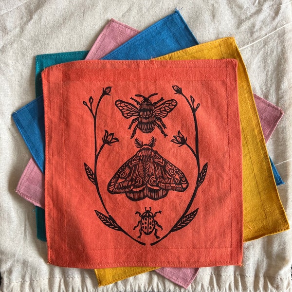 Pocket size small handkerchief set cotton lino print wildlife insect bee moth butterfly ladybird print hankie eco friendly wedding square