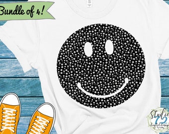 Bundle of 4 Hand Drawn Happy Smiley Face Flowers, Geometric Design 300dpi- Sublimation Instant Download PNG & SVG, Clip Art, Illustration