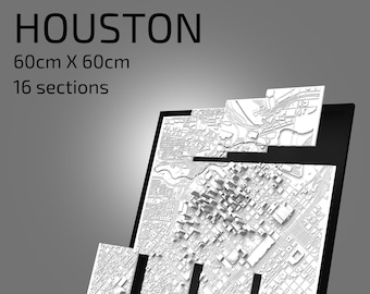 May include: A white 3D model of the city of Houston, Texas, divided into 16 sections. The model is 60 inches by 60 inches and is displayed on a black background.