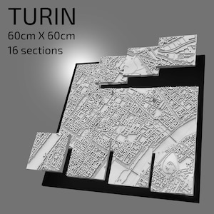 Torino 3D / File digitali / File STL 3D / Mappa 3D di Torino / Arte della città 3D / Punto di riferimento stampato in 3D / Modello dello skyline di Torino / Arte 3D