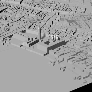 Op de afbeelding: Een 3D-model van een stad met een hoge toren en verschillende gebouwen met koepels. Het model is gemaakt van grijs plastic en is geplaatst tegen een witte achtergrond.