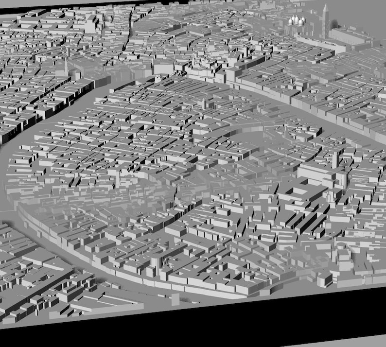 Op de afbeelding: Een 3D-model van een stad met gebouwen en straten. Het model is gemaakt van grijs plastic en is ontworpen om eruit te zien als een echte stad.