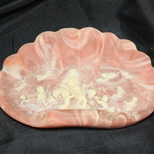 Vintage Incolay Shell Design/Soap Dish, Pink with raised design, goddess and cherubs