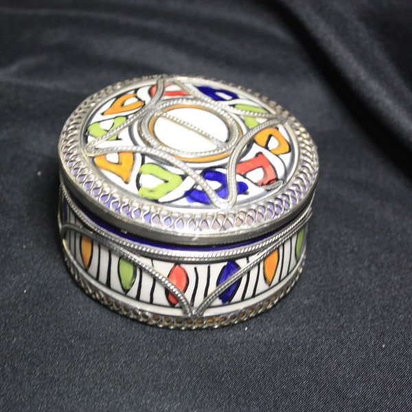 Vintage Moroccan Ceramic Trinket Box with Metal Embellishment