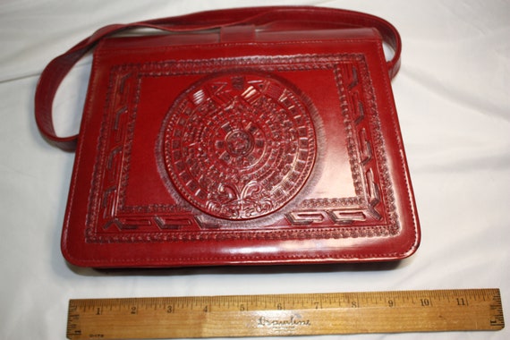 Hand Tooled Red Leather Purse, Mayan Aztecan Cale… - image 2