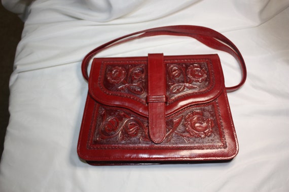 Hand Tooled Red Leather Purse, Mayan Aztecan Cale… - image 1