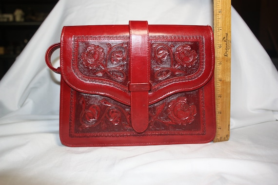Hand Tooled Red Leather Purse, Mayan Aztecan Cale… - image 3