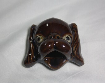 Vintage Dark Brown Ceramic Dog Head Ashtray