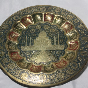 Vintage Brass Etched and Enameled Plate/Dish. Taj Mahal Design, Blue, Red, and Green