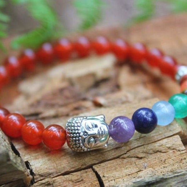 Chakraarmband Buddha Armband Yoga aus 6 mm Glasperlen, 7 Chakra, 16,3 cm Innenumfang Buddhaarmband